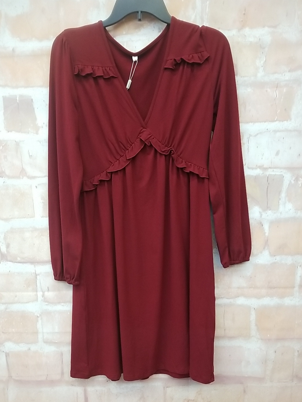 Aokosor Women's Burgundy Ruffled V-Neck Dress